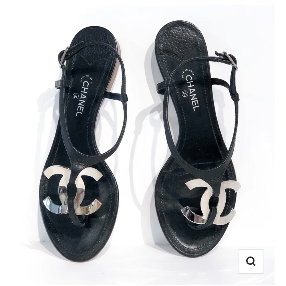 CHANEL Black Sandals with Silver Logo size 39